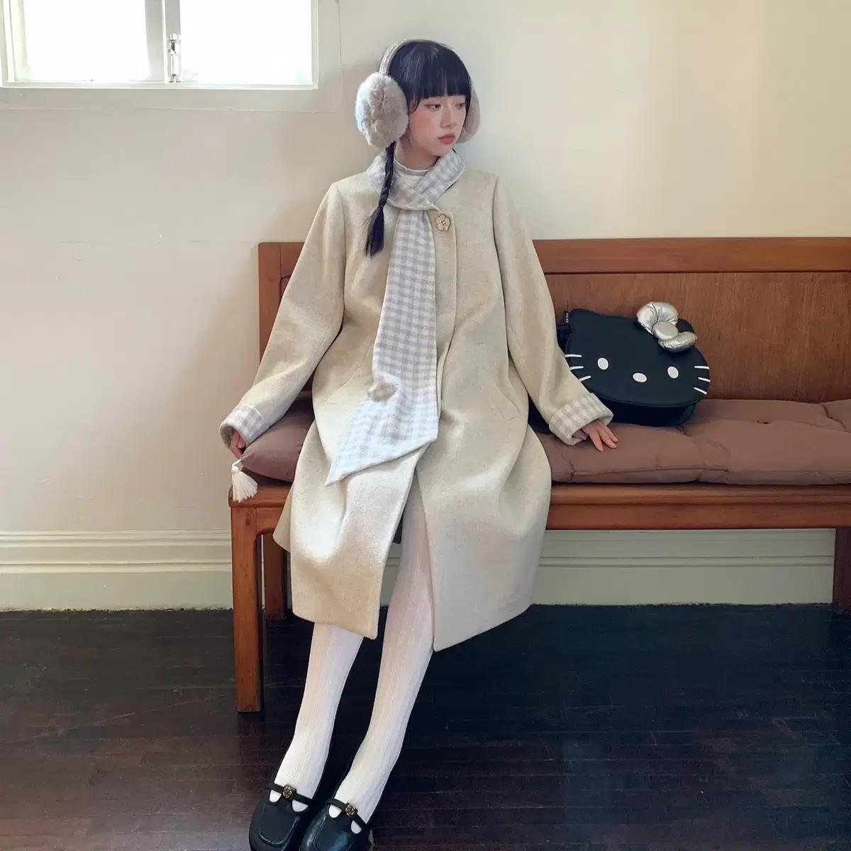 HEY SHAN 헤이산 플레드 체크 스카프 칼라 울 블렌드 롱코트