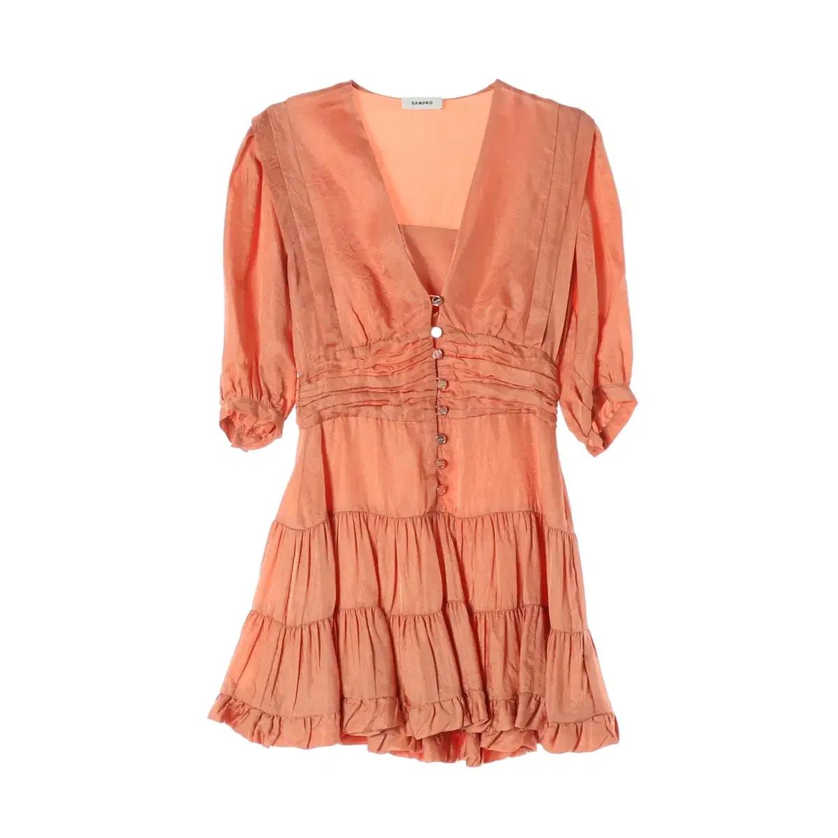 산드로 23SS 퍼프 소매 티어드 미니 드레스 원피스 피치 오렌지