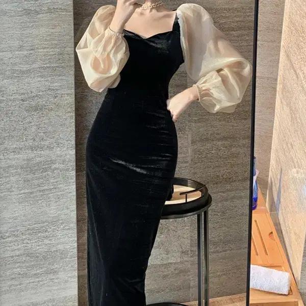 퍼프 소매 벨벳 롱 원피스2 (XL,2XL)