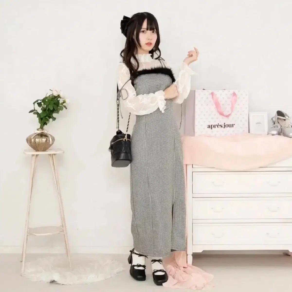 apres jour 체크 롱 원피스 이너티 코디 세트