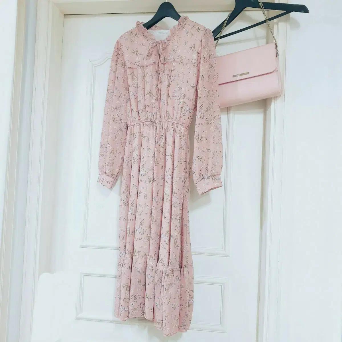 쉬폰 롱원피스 핑크 긴팔