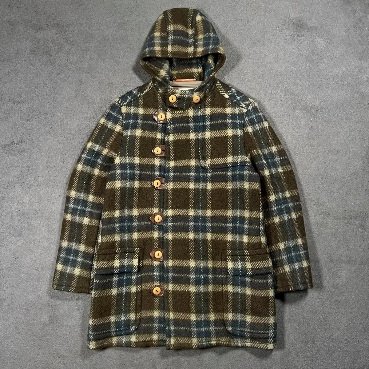 드리스반노튼 브라운 체크 울 더플 코트