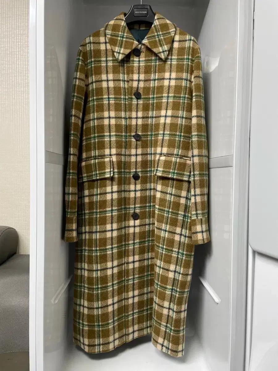 우영미 카멜 체크 맥코트 46사이즈