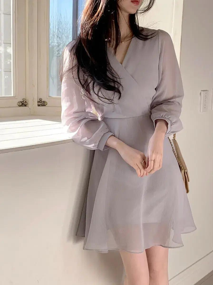 퍼빗 청순 쉬폰 랩 리본 끈 원피스 소라 하늘 에이블리 하객룩