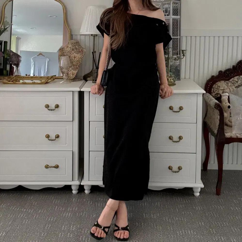 여름 언발 오프숄더 허리 벨트 스트링 맥시 반팔 롱원피스 임부복 등원룩