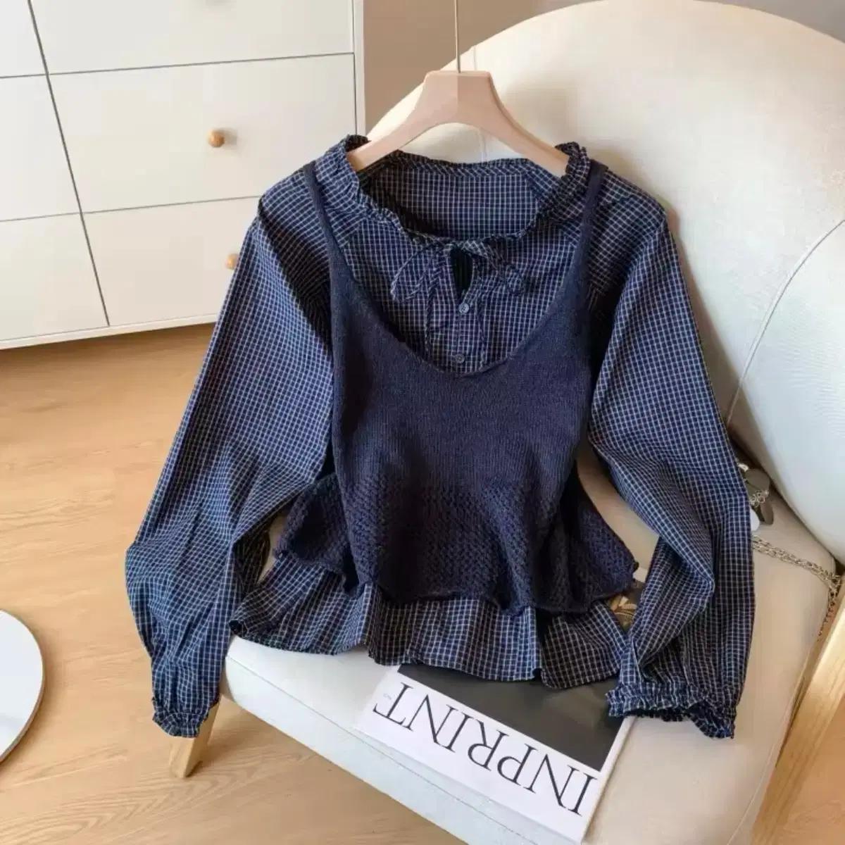 체크 블라우스 + 니트 뷔스티에 세트 / 데일리 캐주얼 러블리 빈티지 y