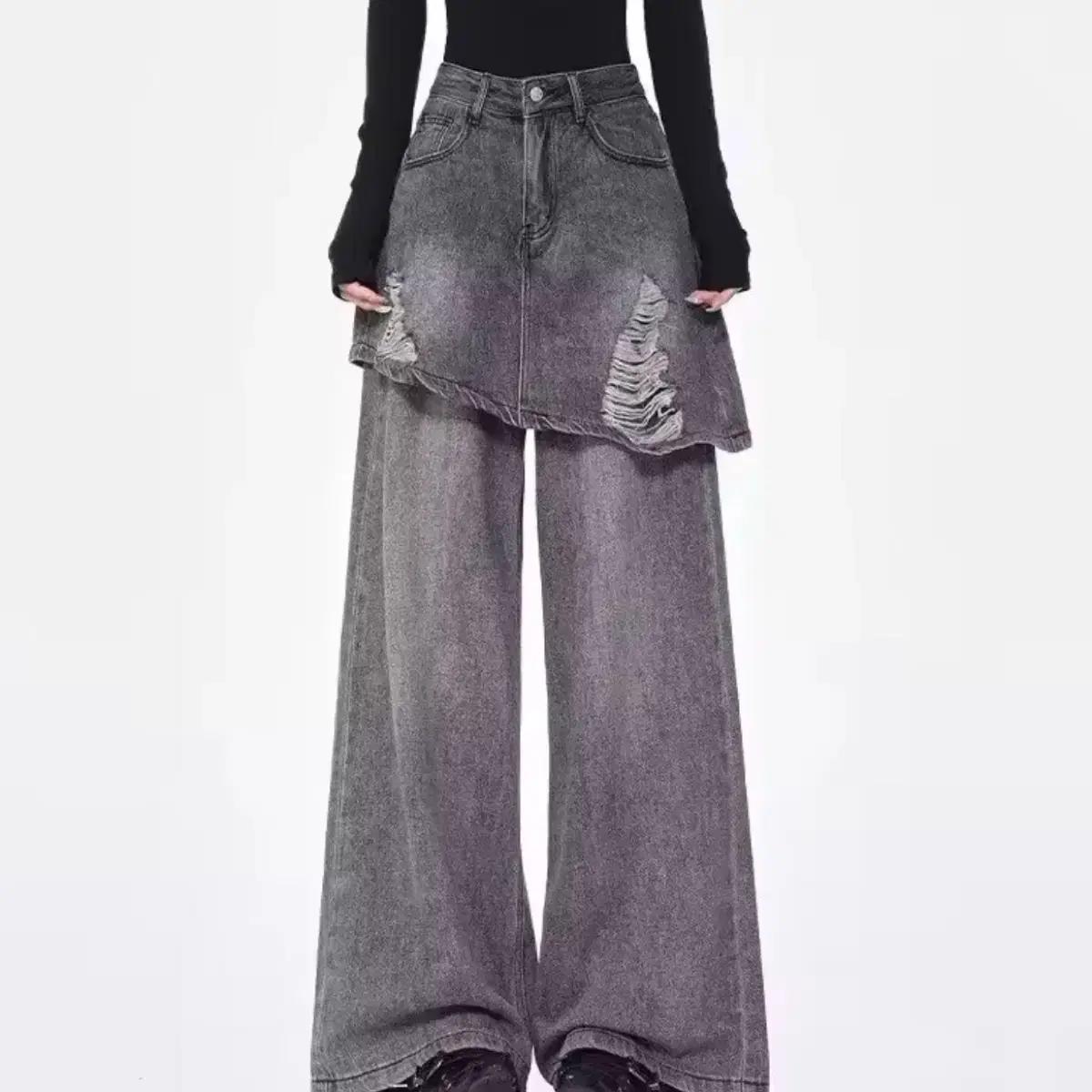 그레이 데님 스커트 레이어드 와이드 팬츠 / 데일리 캐주얼 유니크 빈티지
