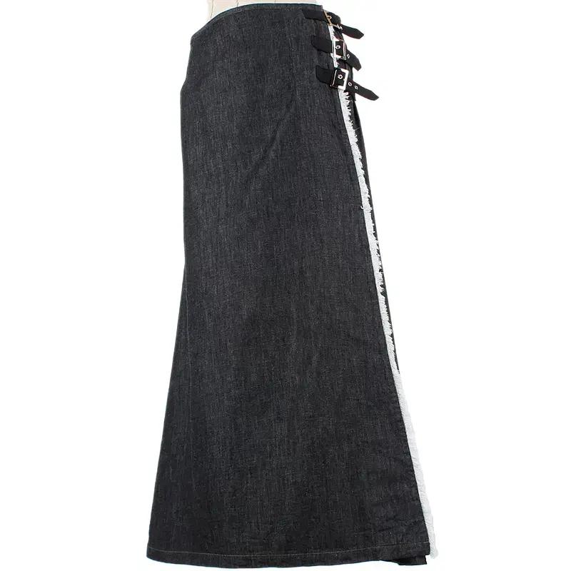 블랙 데님 프린지 스웨이드 가죽 벨트 랩 언발 플리츠 A라인 롱 흑청치마