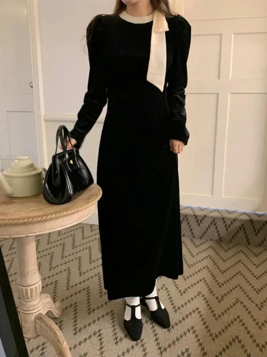 벨벳 리본 연말 블랙 롱 원피스