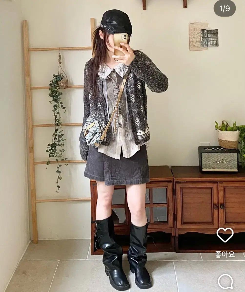 코코모리 빈티지 코디 세트 가디건 스커트 블라우스