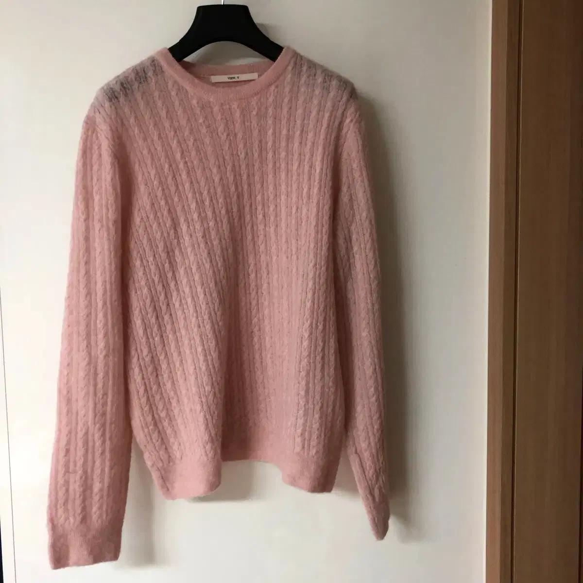 뷰와이 핑크 알파카 케이블 니트 스웨터 올드머니룩 라운드 딸기우유