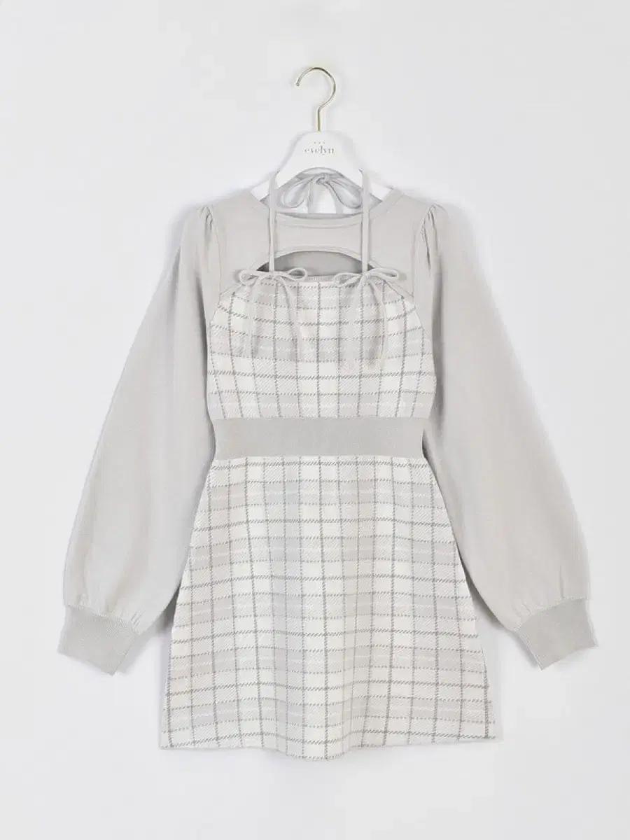 에블린 리본 체크 니트 원피스 아이스 그레이