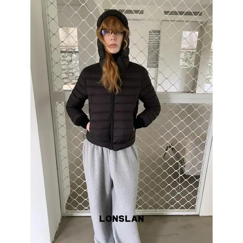 LONSLAN 블랙 슬림 후드 다운 자켓
