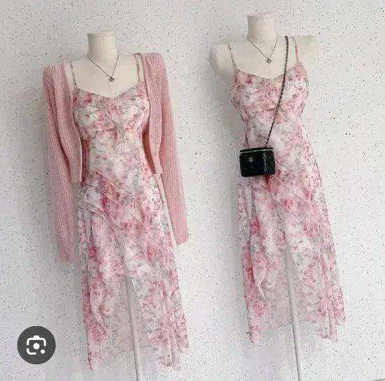 빈티지)백예린깔 수채화 핑크플라워st 셔링쉬폰 뒷트임 여리원피스