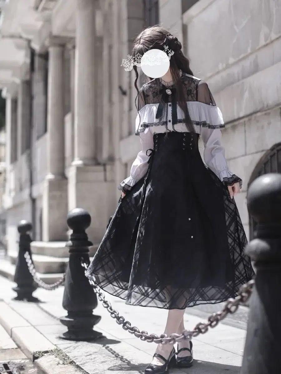 클리어 계 레이스 패치워크 플라워 라인 상의 + 체크 원피스 스커트 투피