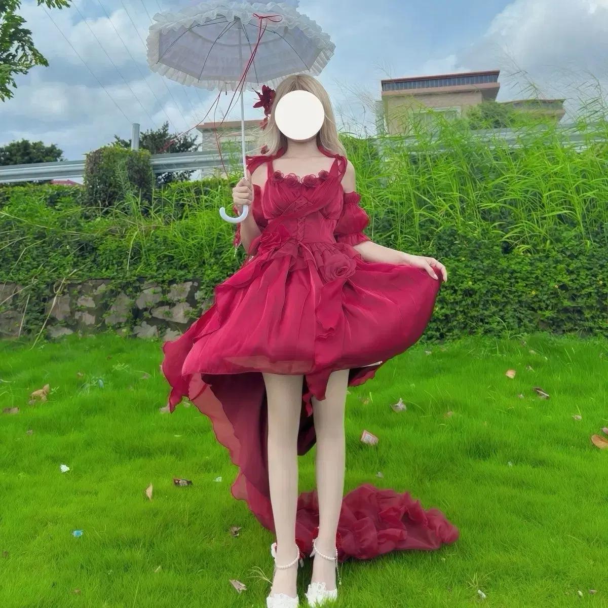 와인색 트레인 원피스 앞짧은 뒤긴 로리타 패션 드레스