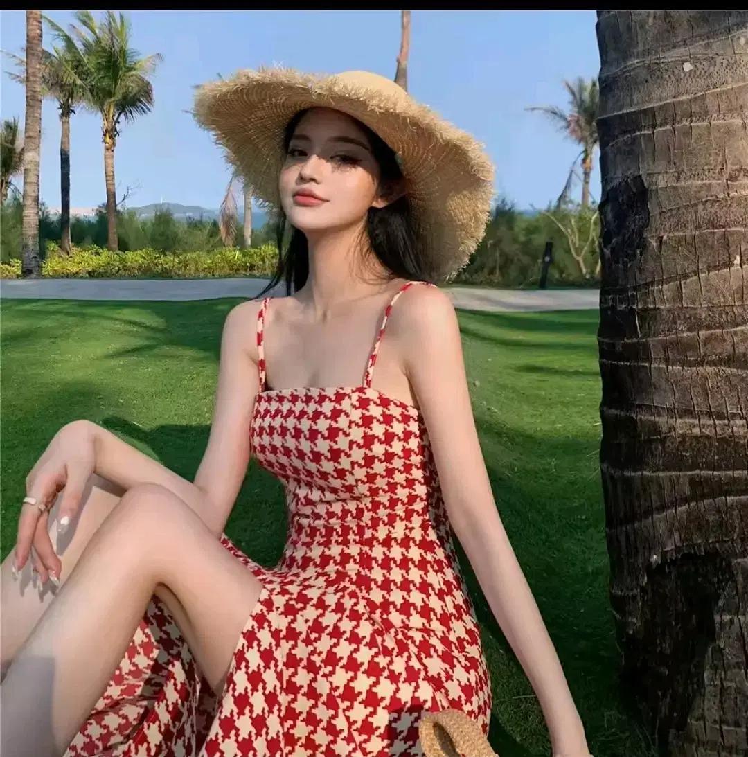 바캉스 휴양지룩 하운드투스 체크 탑 나시 롱 트임 원피스 개미허리 골반