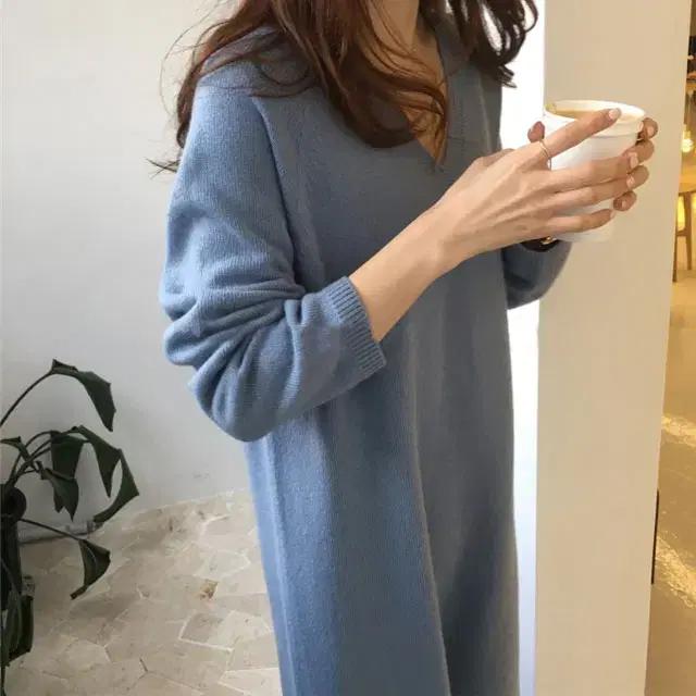 쎄샵  2157 봄간절기용 얇은 니트원피스 블루 FREE-1