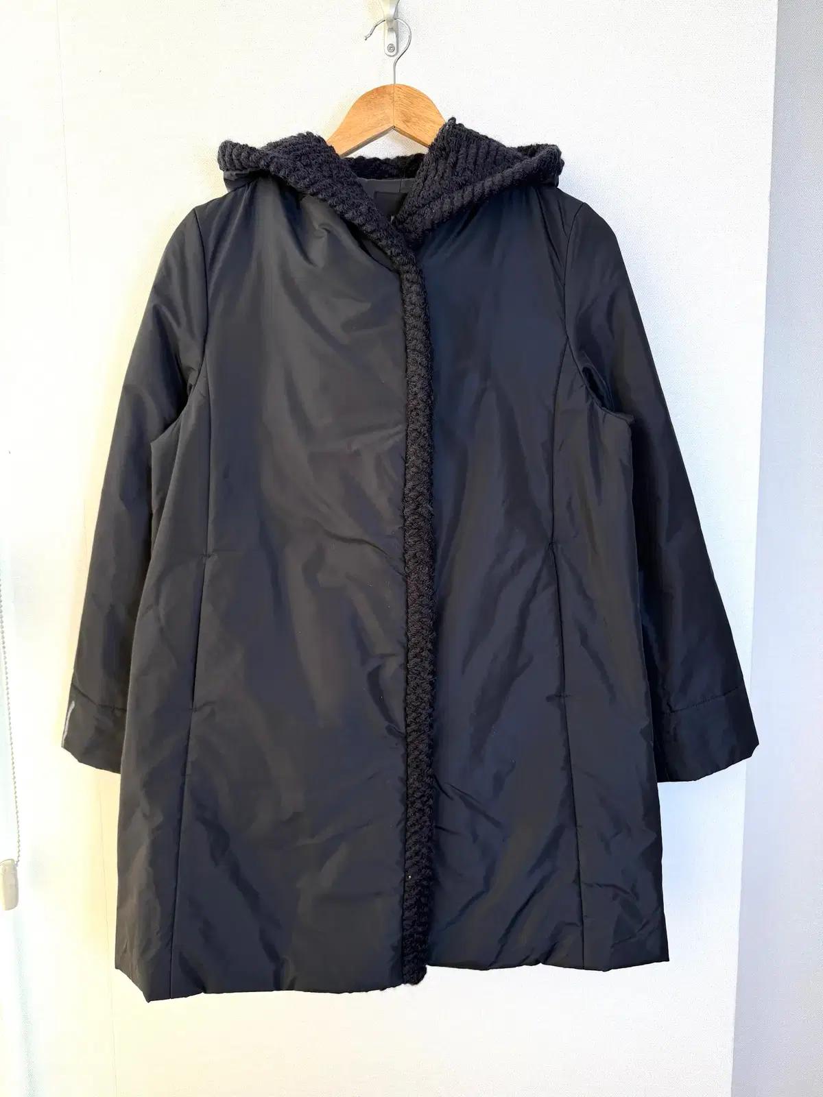 네이비 니트 후드 롱 패딩 코트