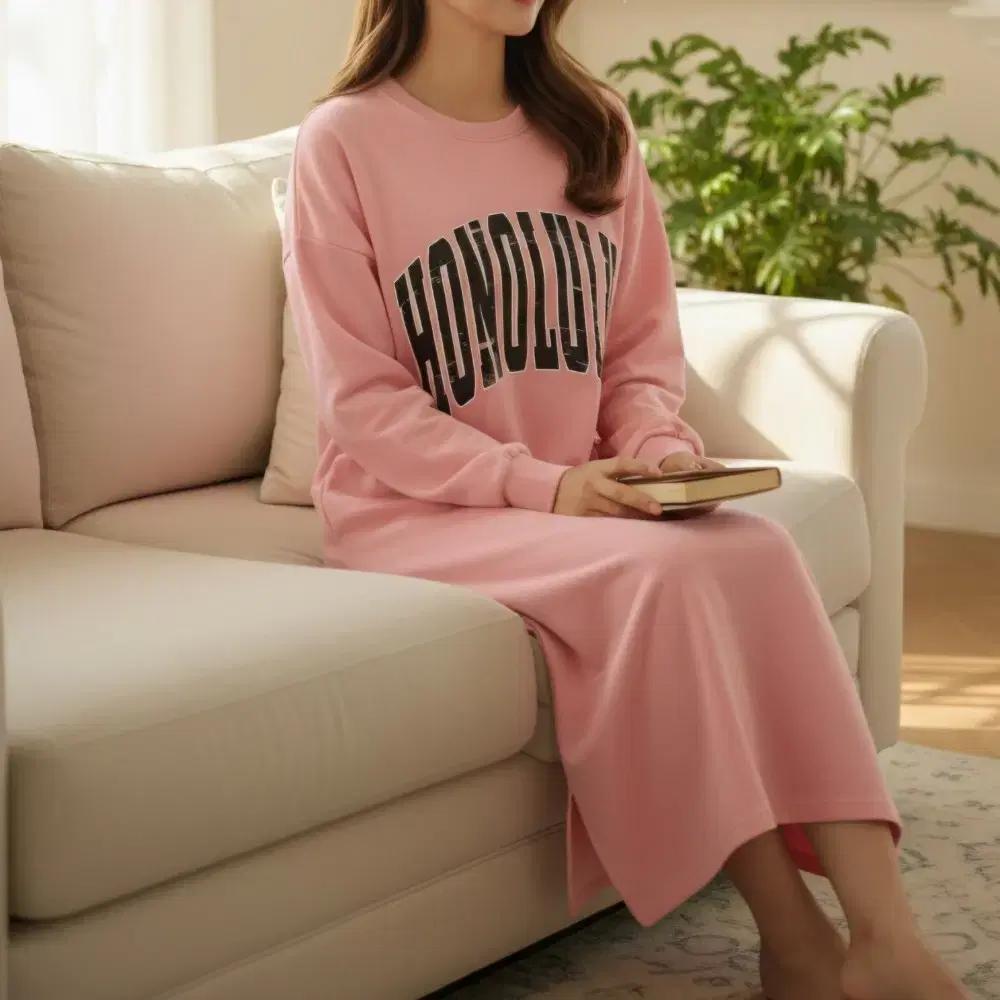 레터링 맨투맨 봄가을 데일리 루즈핏 롱원피스 (2color)