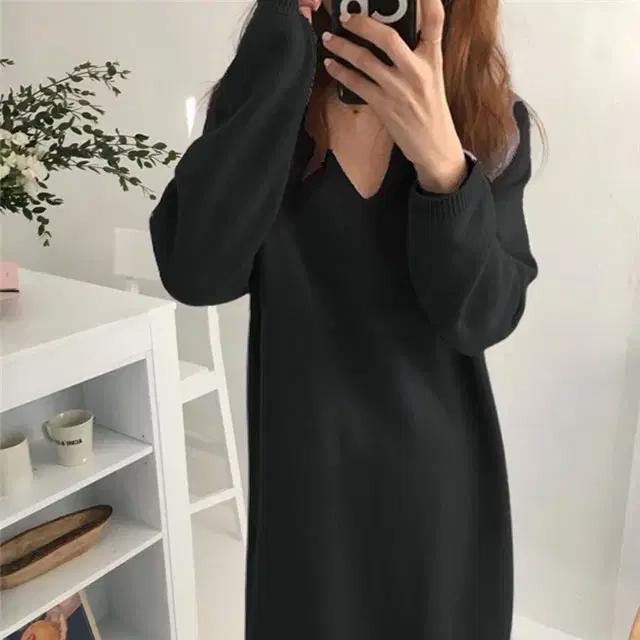 쎄샵 2157 봄간절기용 얇은 니트원피스 블랙 FREE-4개