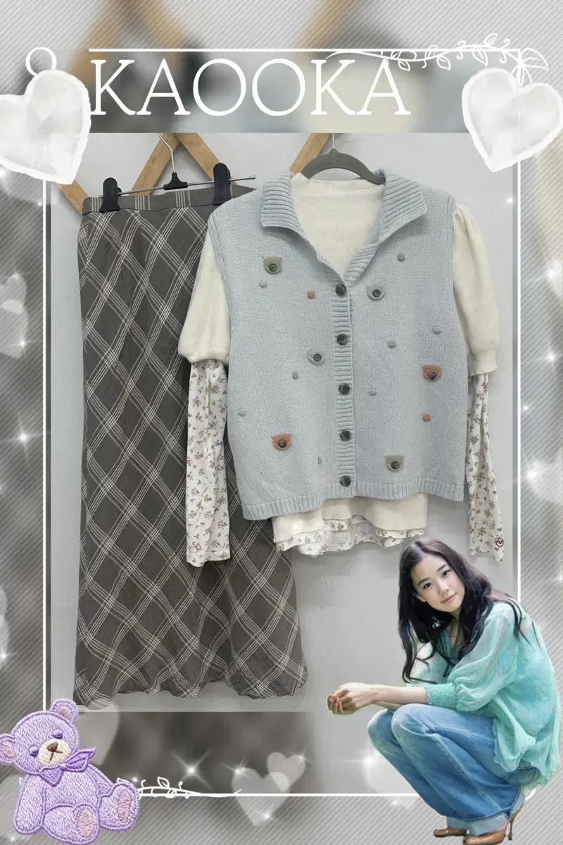일본빈티지 하구미 마카롱 레이어드 모리걸 체크스커트 겨울 니트 코디세트