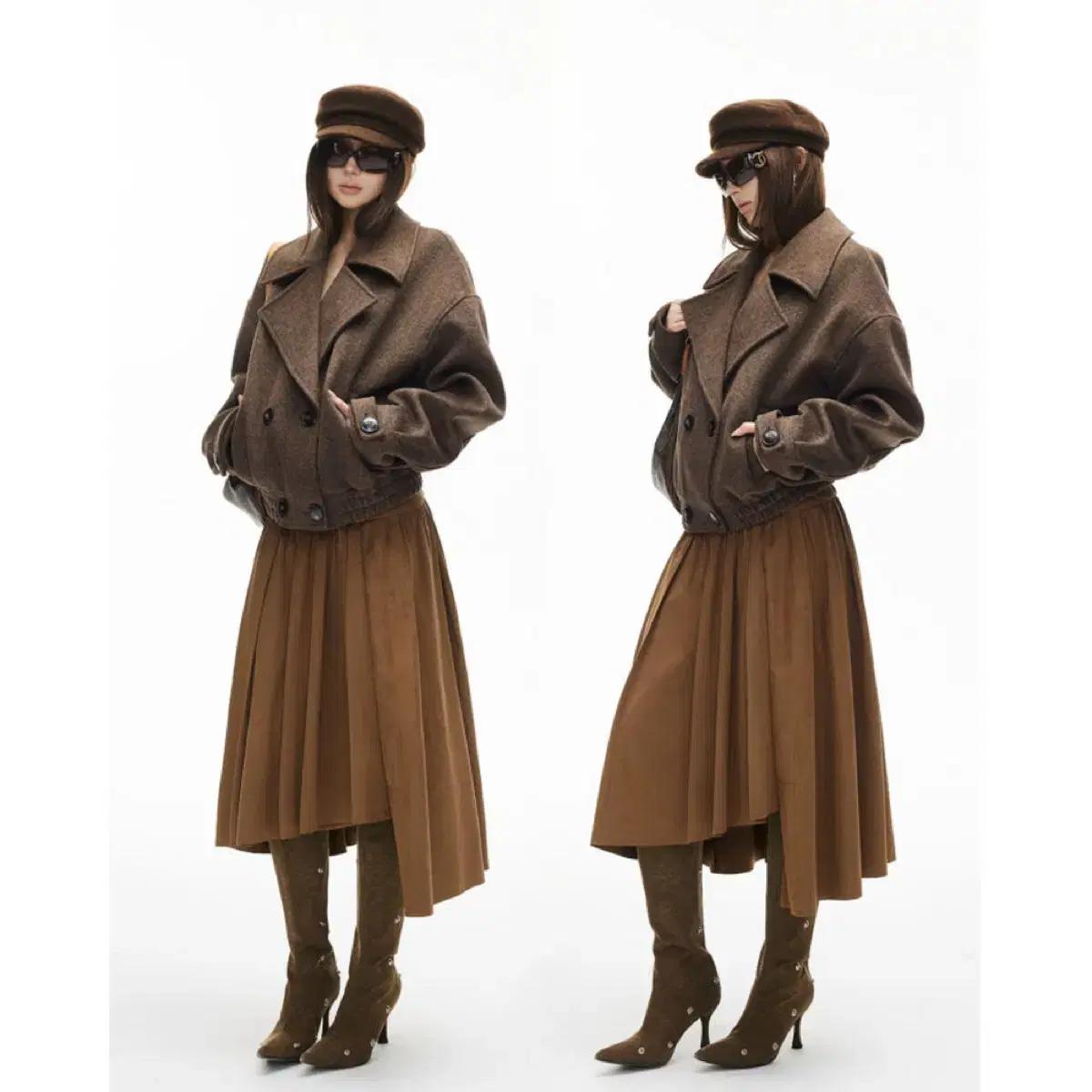 IAMXIAA 코트 울 헤링본 라펠 더블브레스트 짧은 드롭 숄더 울 코트