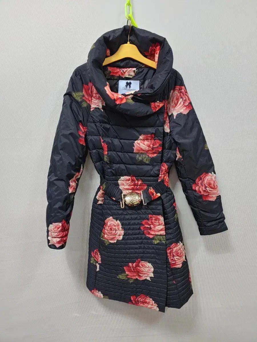 블루마린 플라워 퀼팅 벨트 롱패딩 코트 44