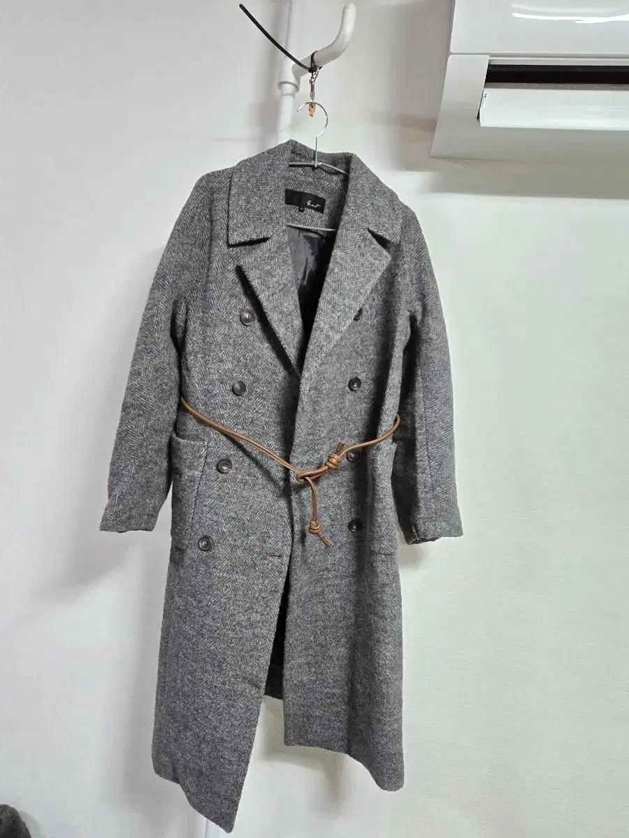 지컷헤링본 더블 롱코트 그레이