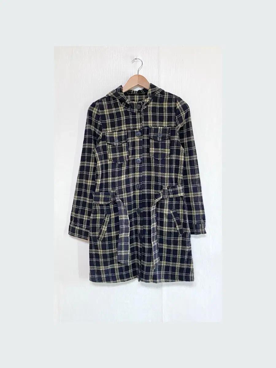 빈티지 후드 블랙 체크 벨트 벨티드 롱 셔츠 원피스 코트