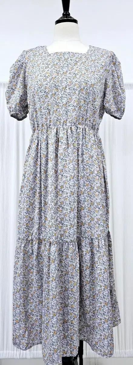 시크릿라벨 스퀘어넥 플라워 롱원피스 퍼프소매  티어드원피스