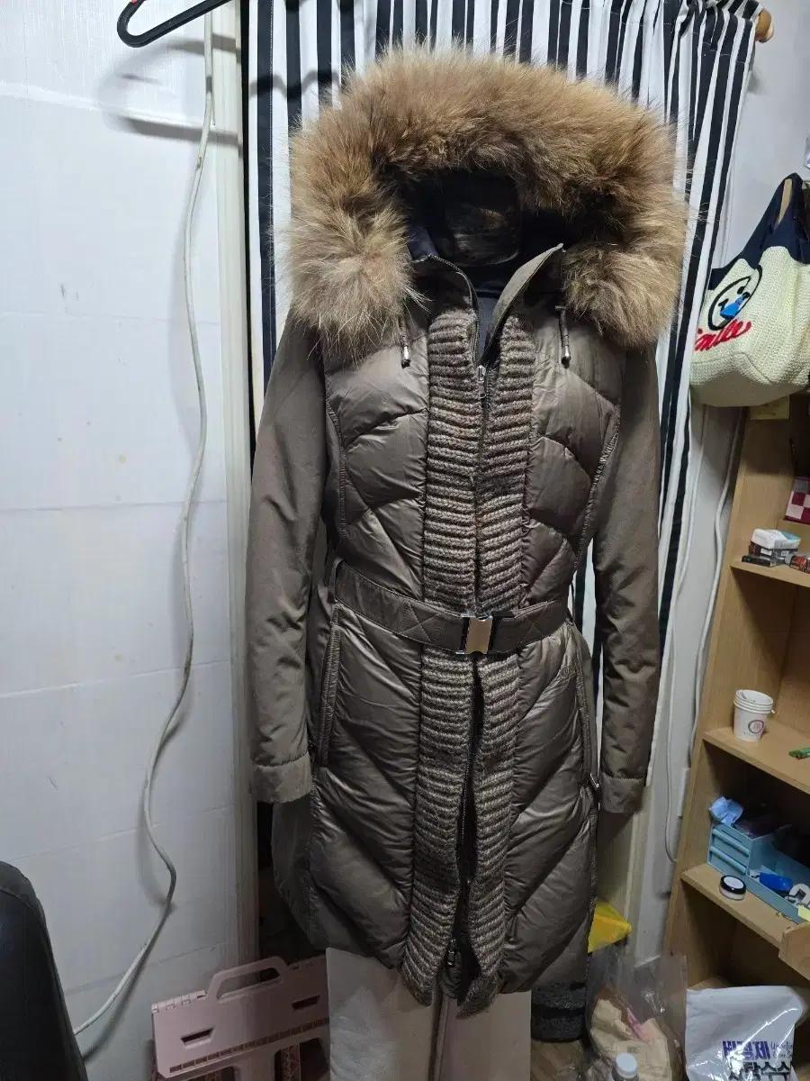 브라운 퍼 후드 롱 패딩 코트