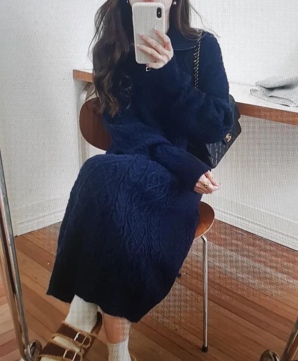 (해외배송)꽈배기 니트 롱 원피스 네이비/핑크/아이보리