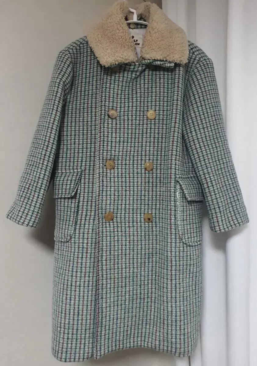 젤리멜로 울혼방 체크패턴 뽀글이 카라 롱코트 6-7세