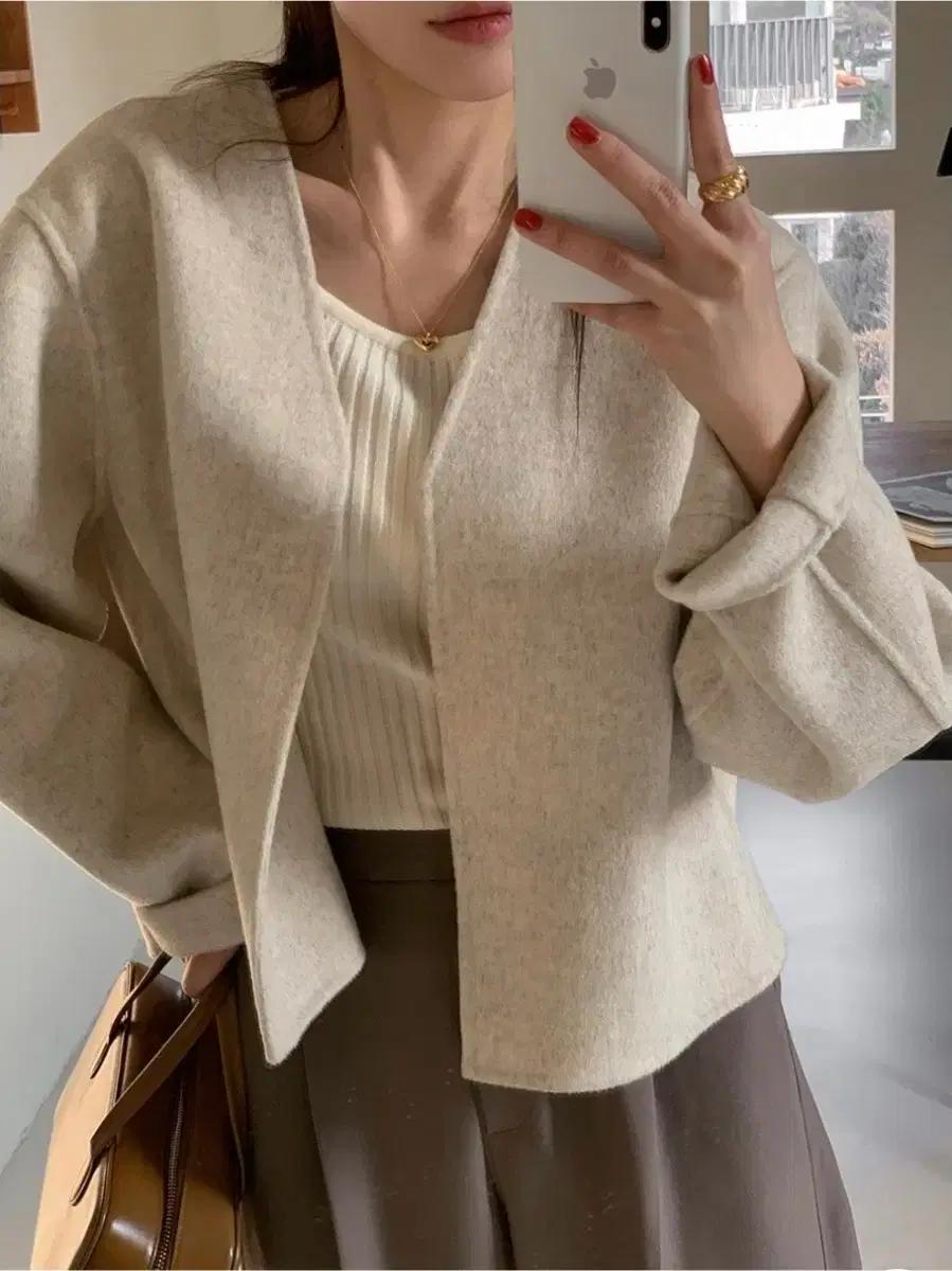 [울90%]디멜리 핸드메이드 노카라 숏 코트 겨울 자켓