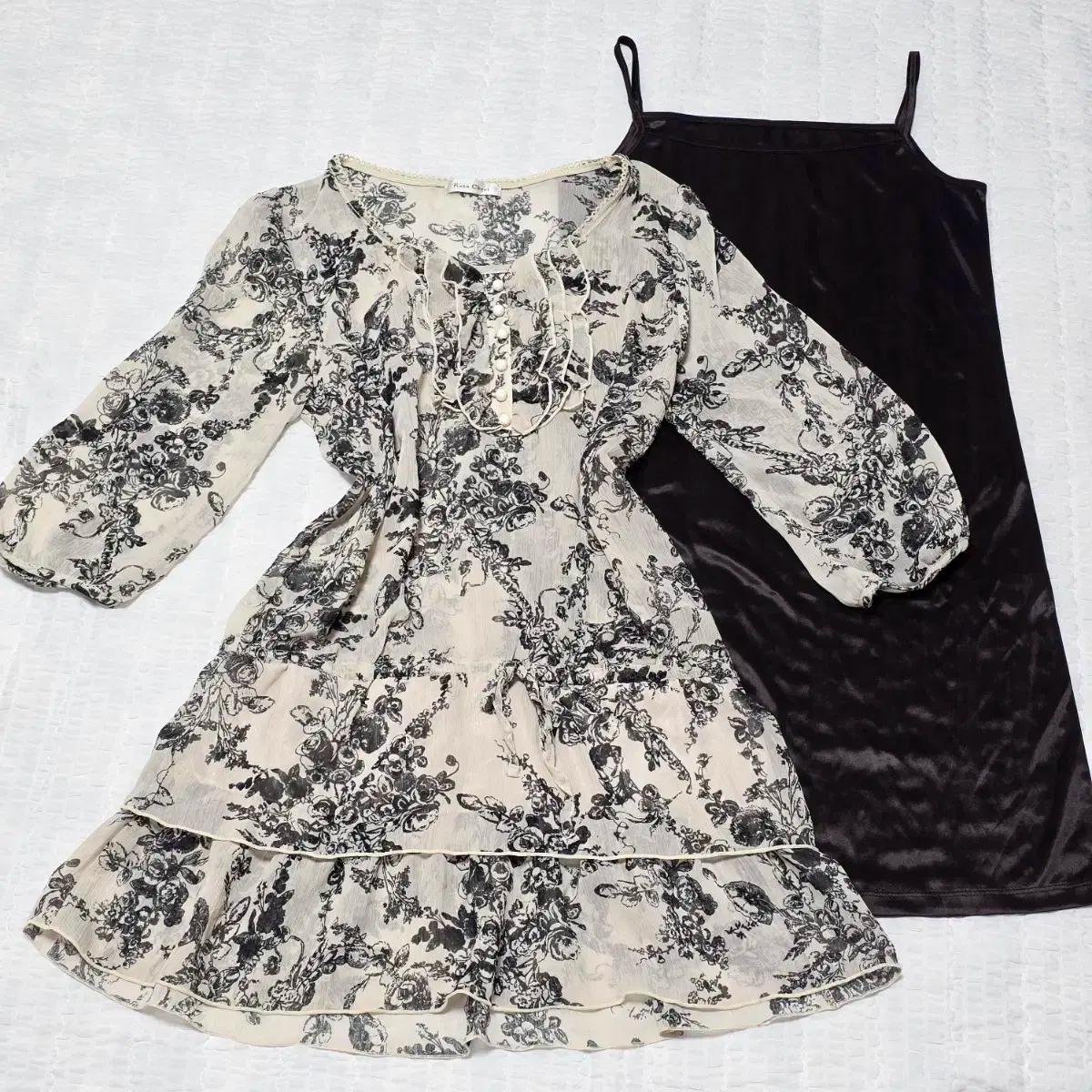 로사체리) 고딕모리걸 플라워 쉬폰 시스루 원피스+슬립 코디세트