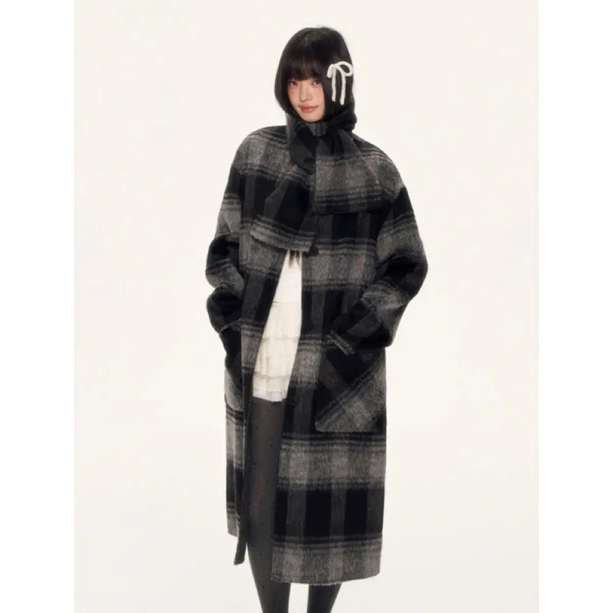 WEEKENDHUB 코트 플레드 울 체크 롱코트 목도리 포함