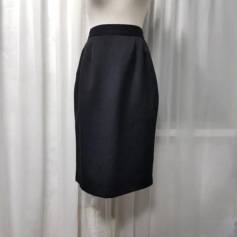 JPN 빈티지 검정 오피스룩 트임 울 모직 미디 스커트 여S C745
