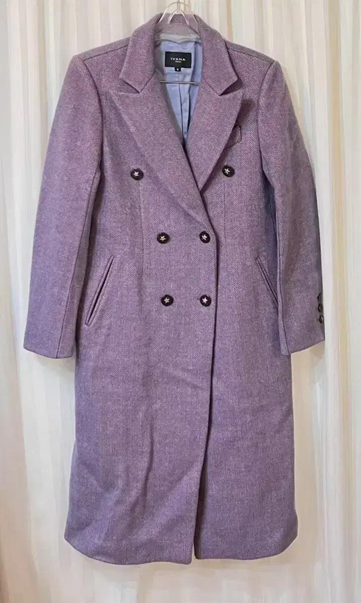 IVANA Milano 퍼플 헤링본 롱 모직 코트 55-66 거의새것