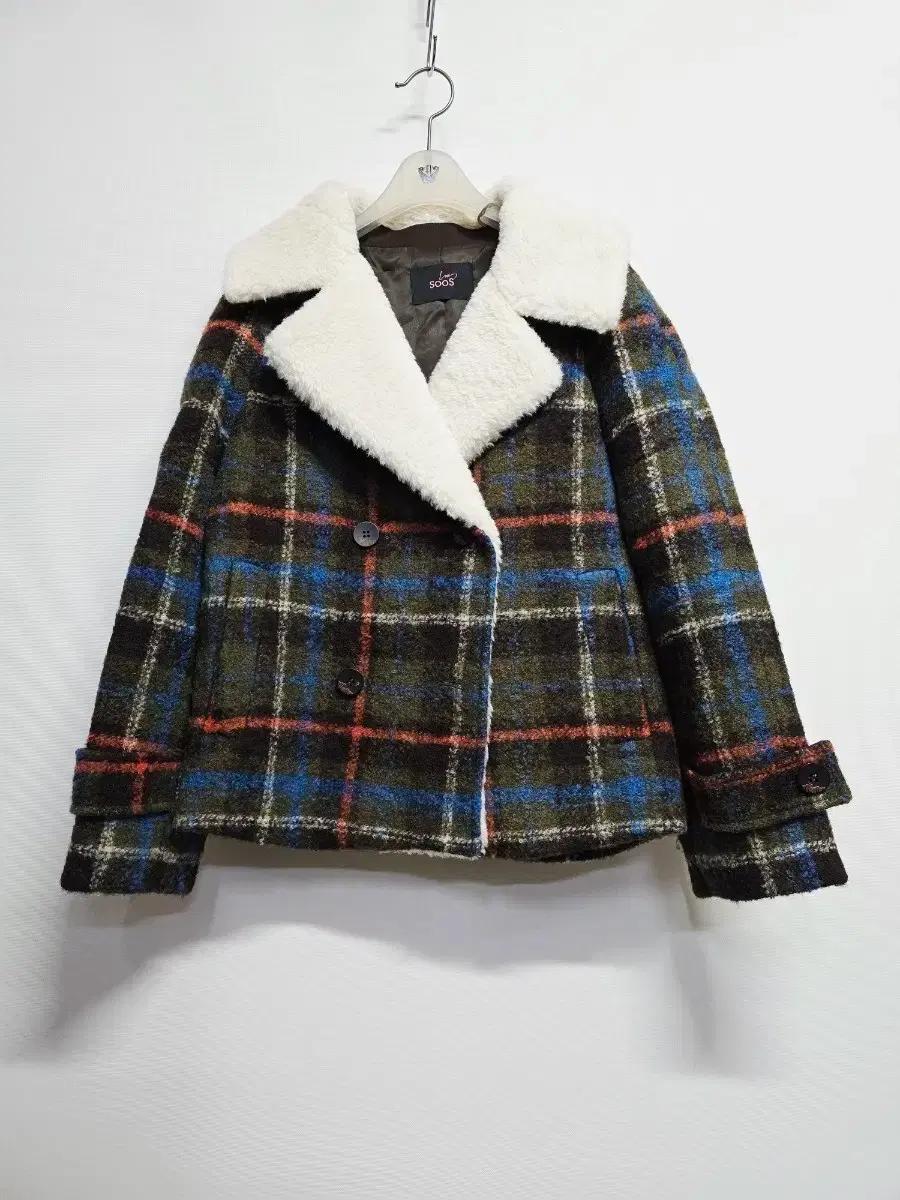 SOOS 체크 무늬 숏 코트 퍼 카라 자켓
