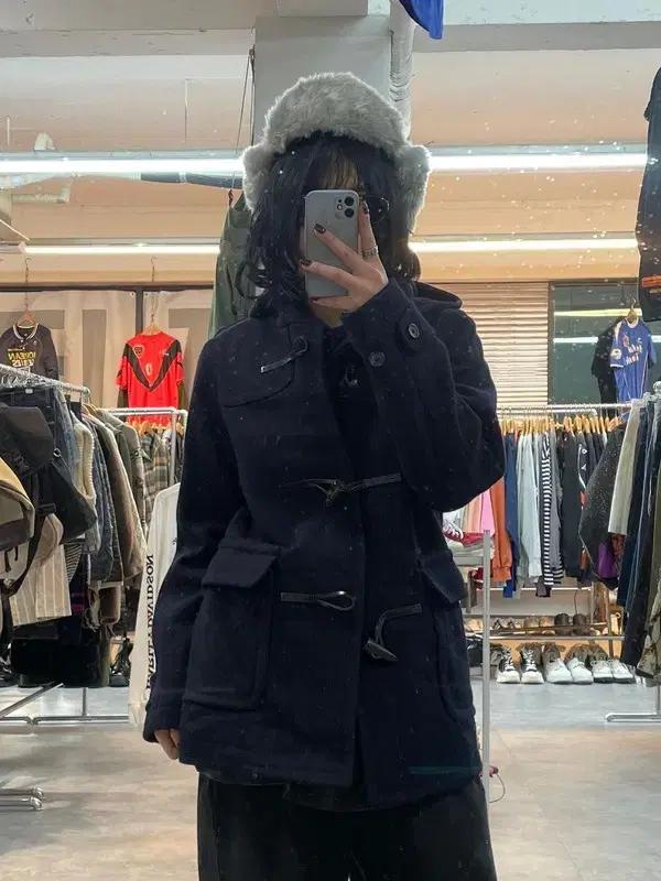 스몰 여자 울 소재 빔스 보이 더플 떡볶아 코트 네이비