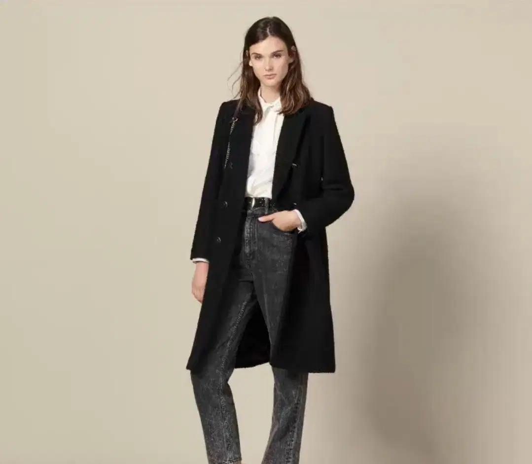 산드로 울 트위드 여성 롱코트 블랙