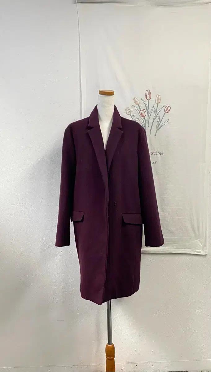 퍼플 심플디자인 모직 롱 코트