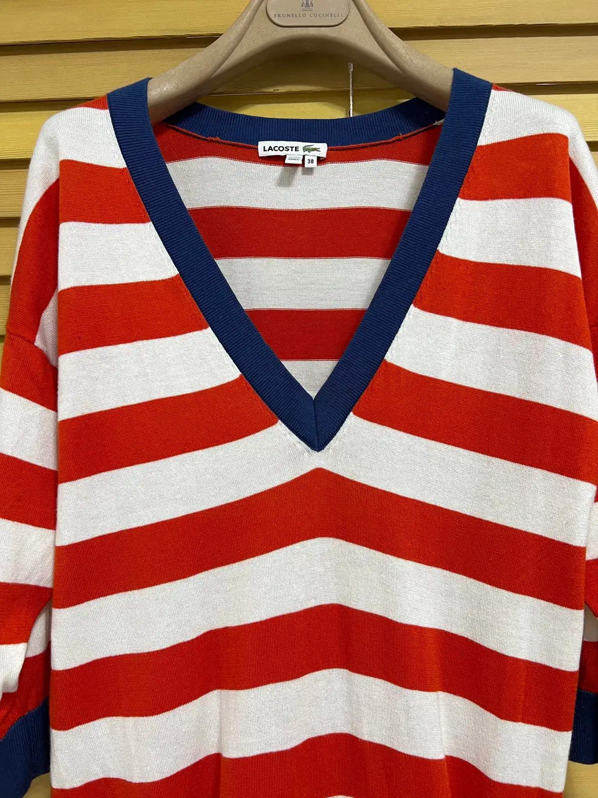 라코스테 여성 레드 스트라이프 코튼원피스 브이넥니트원피스 38