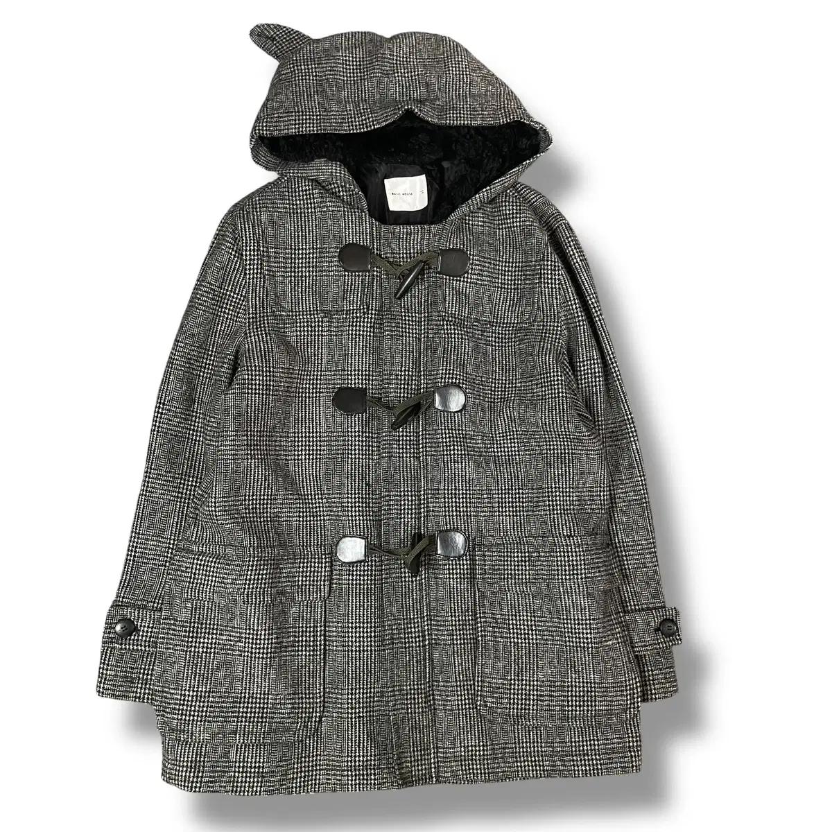 BASIC HOUSE 블랙 그레이 체크 무늬 더플코트 100