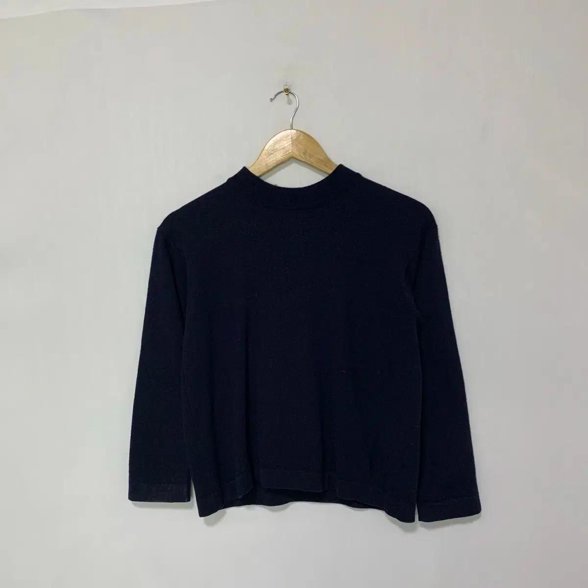 캐시미어 100% 네이비 모크넥 7부 소매 크롭 여성 이태리 빈티지 니트