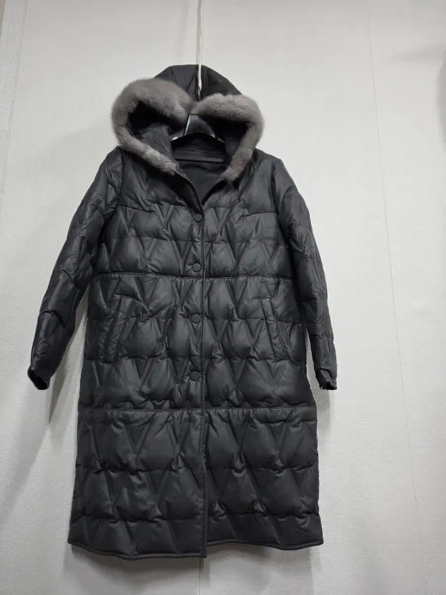 캐이시박그레이후드 퍼 롱 패딩 코트