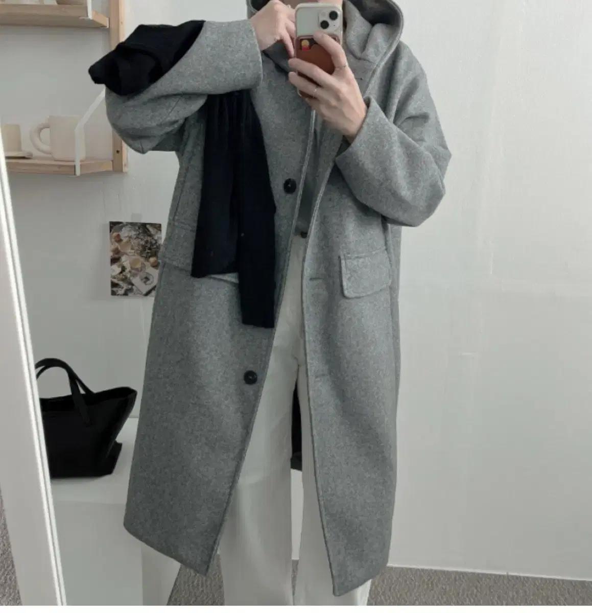 울 루즈핏 후드 롱코트 그레이
