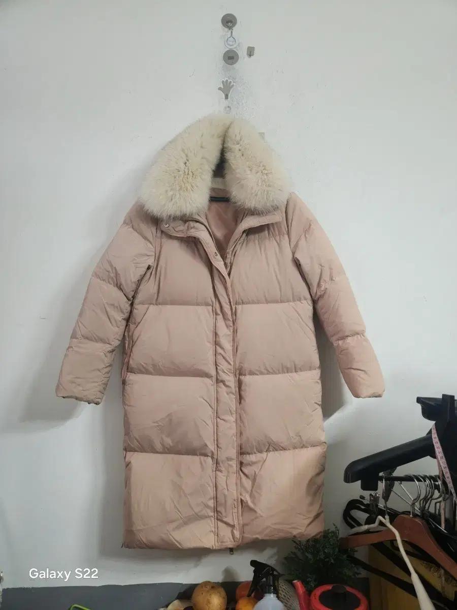 오리털핑크 퍼 카라 롱 패딩 코트