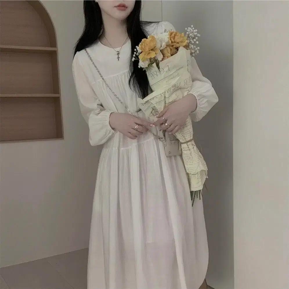 새상품) 하비언니 청순 러블리 라운드 플레어 셔링 롱원피스